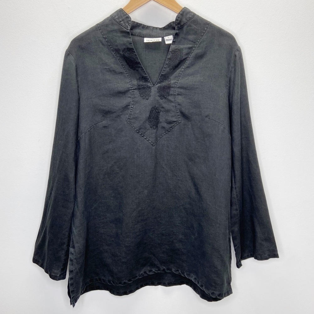 Toto n Ko Black 100% Linen Long Sleeve Tunic Top Sz L